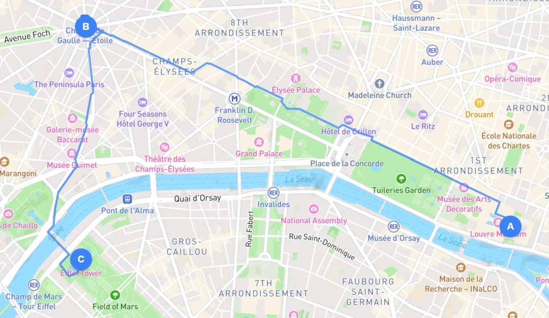 Exemple de carte d'itinéraire détaillé pour un voyage à Paris avec tous les points d'intérêt et activités planifiés jour par jour